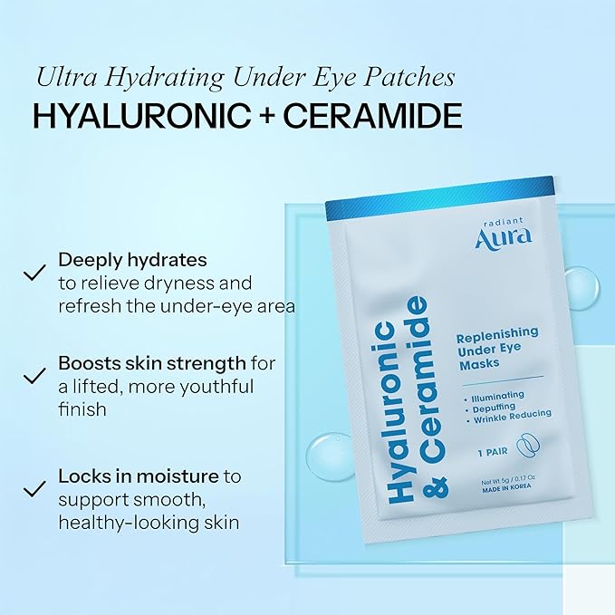 Hyaluronic Acid & Ceramide Under Eye Patches - Dermatologist Tested, Anti Aging, Korean Skin Care - Anti Wrinkle Pads For Puffy Eyes And Under Eye Bags - Vegan, Clean Beauty - 5 Pairs