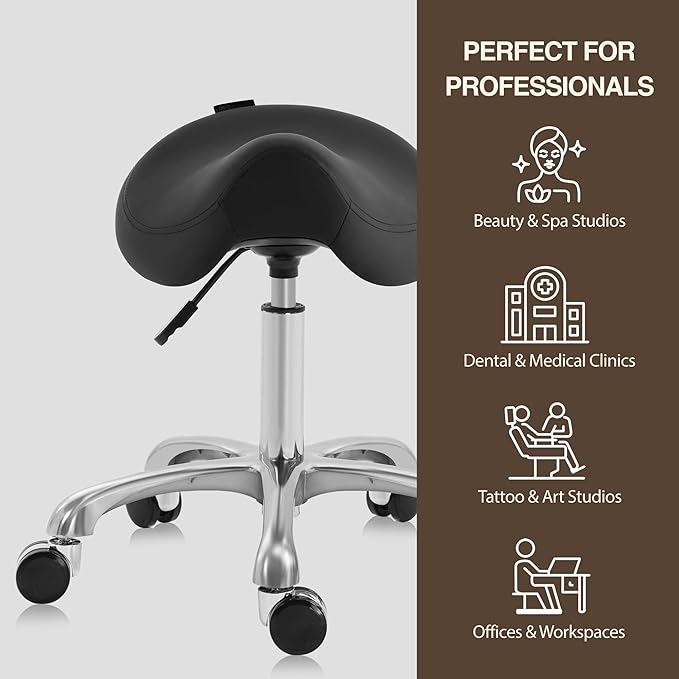Ergonomic Saddle Stool Adjustable Pneumatic Swivel Rolling Saddle Seat Stool with Wheels for Medical Hygienic SPA Massage Salon Home and Office 506 Haku