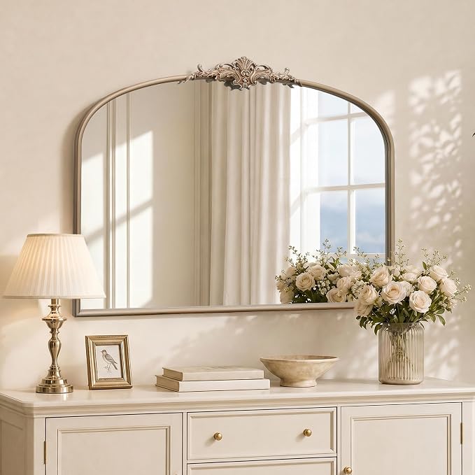 Besdomus Vintage Arched Gold Mirror: 40"x29" Large Champagne Decorative | Antique Baroque Metal Frame Mirrors - Traditional Ornate for Entryway/Dresser/Fireplace/Bathroom - Ideal for Home Renovations