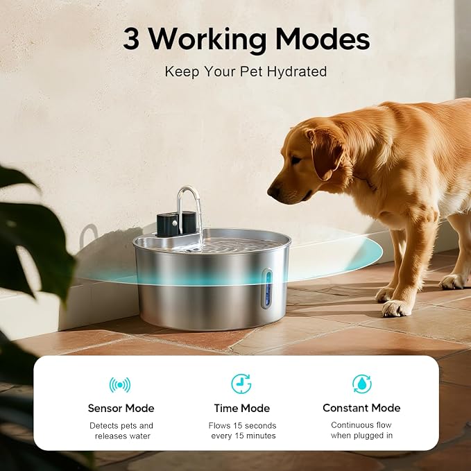 Voluas 7L Wireless Dog Water Fountain with 1 Filter, Stainless Steel | 236oz capacity, 4-layer filtration, ultra-quiet pump, water level window, easy clean for large dogs
