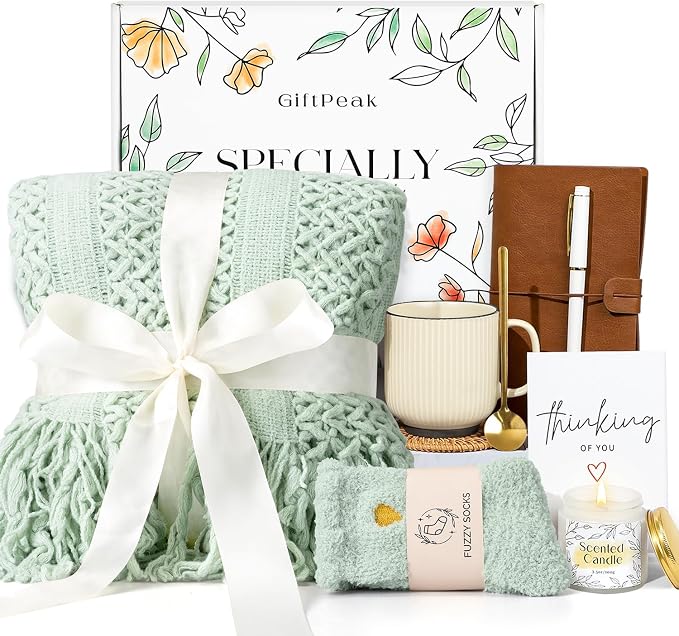 Gifts for Women, Get Well Soon Gifts for Women, Sympathy Care Baskets, Thinking of You Care Package, Self Care Gifts, After Surgery Feel Better Gifts Blanket (Sage Green）