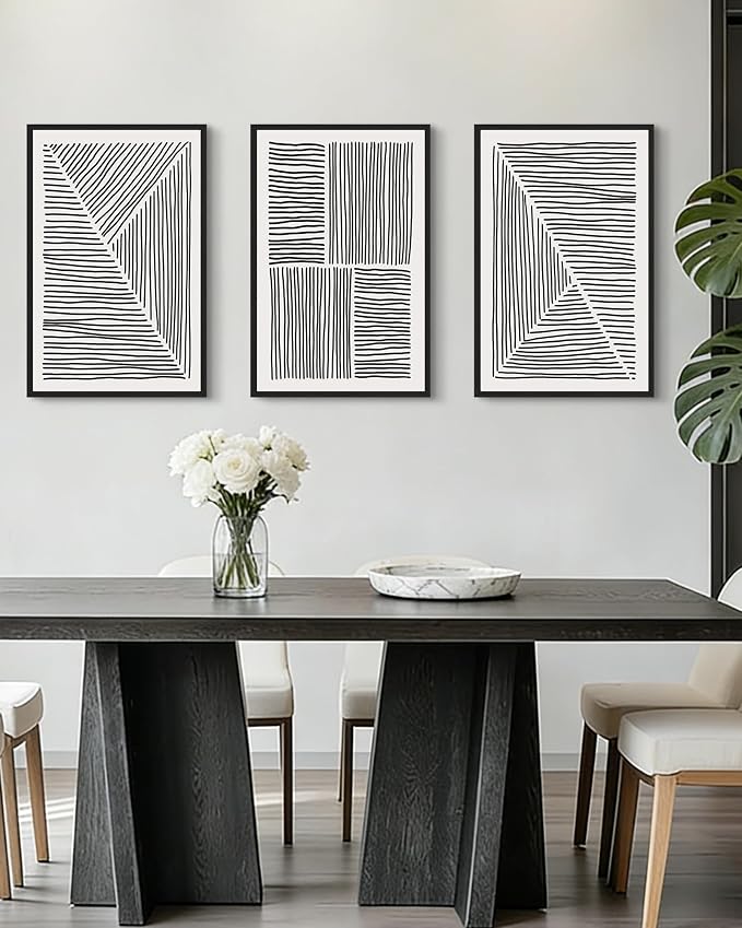 Drsoum Mid-Century Modern Framed Wall Art Large 16x24in Minimalist Abstract Boho Black Line Wall Decor Geometric Artwork Kitchen Dining Room Black Framed