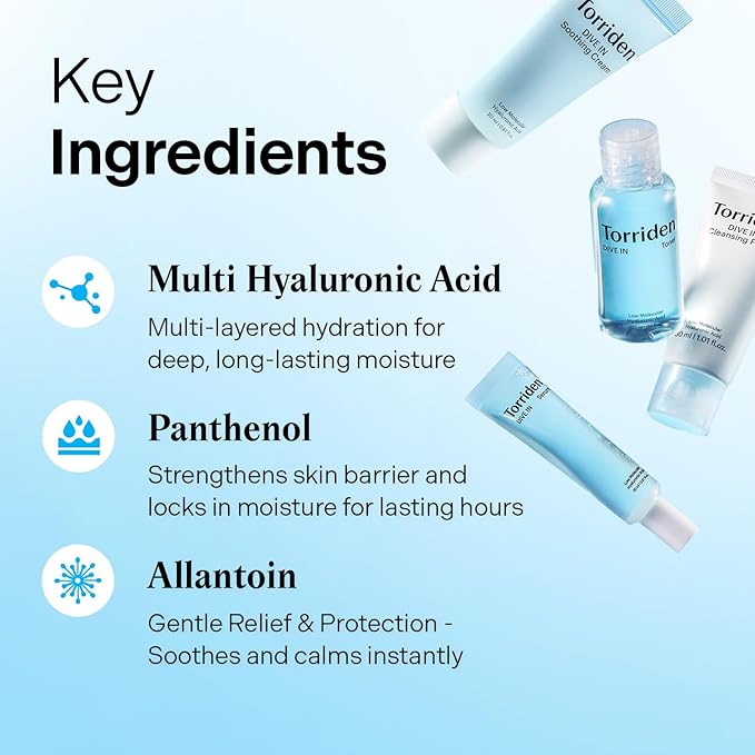 Torriden DIVE IN Trial Kit | Hyaluronic Acid Infused Daily Skincare Kit - 4 Step Regimen with Foam Cleanser, Facial Toner, Serum, and Cream | Travel Essential | Korean Skin Care Set