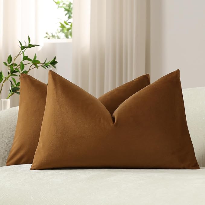 Lumbar Pillow Covers 12x20 Golden Brown: Pack of 2 Cozy Soft Velvet Rectangular Modern Luxury Decorative Throw Pillow Cases for Sofa Couch Living Room Bed Home Decor