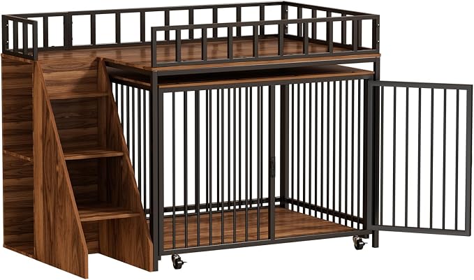 37" Dog Crate Furniture, Wooden Dog Kennel Indoor with Storage (Walnut) | Heavy Duty Pet Cage Indoor for Small & Medium Dogs, Dog Kennel with Storage Shelf, 4 Lockable Wheels and Stairs, Loft-Style