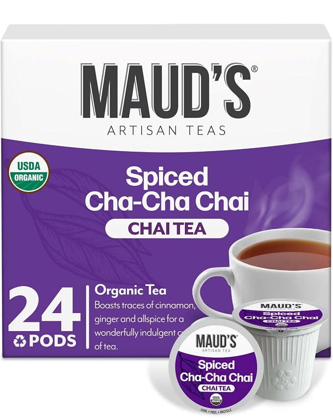Maud's Organic Chai Tea Pods, 24 ct, Single Serve Tea Pods – 100% Gourmet Blended Tea Leaves, Compatible with Keurig K Cups Maker