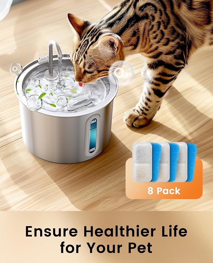 oneisall 8 Pack Replacement Filters for PWF-001 2L/67oz Cat Water Fountain Stainless Steel Water Fountain for Cats Inside, 3 Filtration System