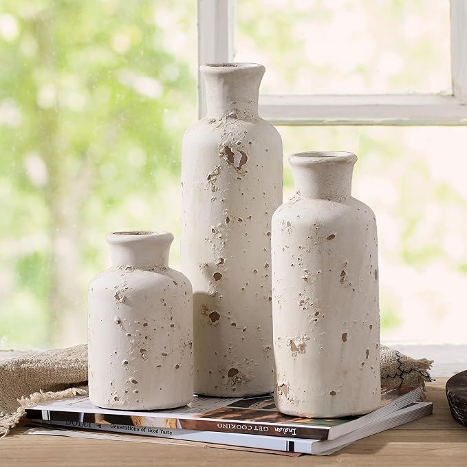 SIDUCAL Ceramic Rustic Farmhouse Vase Set of 3 | Whitewashed Terracotta Vase, Clay Decorative Vases for Home Decor, Living Room, Shelf, Mantel Decoration(Rustic White)