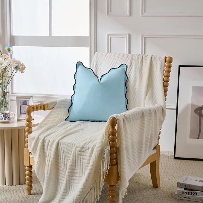 Scalloped Throw Pillow Covers Set of 2 for Living Room, Boho Sytle Decorative Home (Blue & Teal, 20x20 Inch)