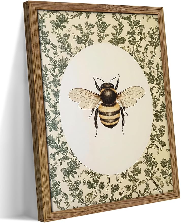 Framed Vintage Bee Wall Art, Cottagecore Floral Botanical Decor, Rustic Garden Insect Pictures Poster, Oval Bumblebee Canvas Print Wall Decor for Bedroom Living Room 12x16 inch