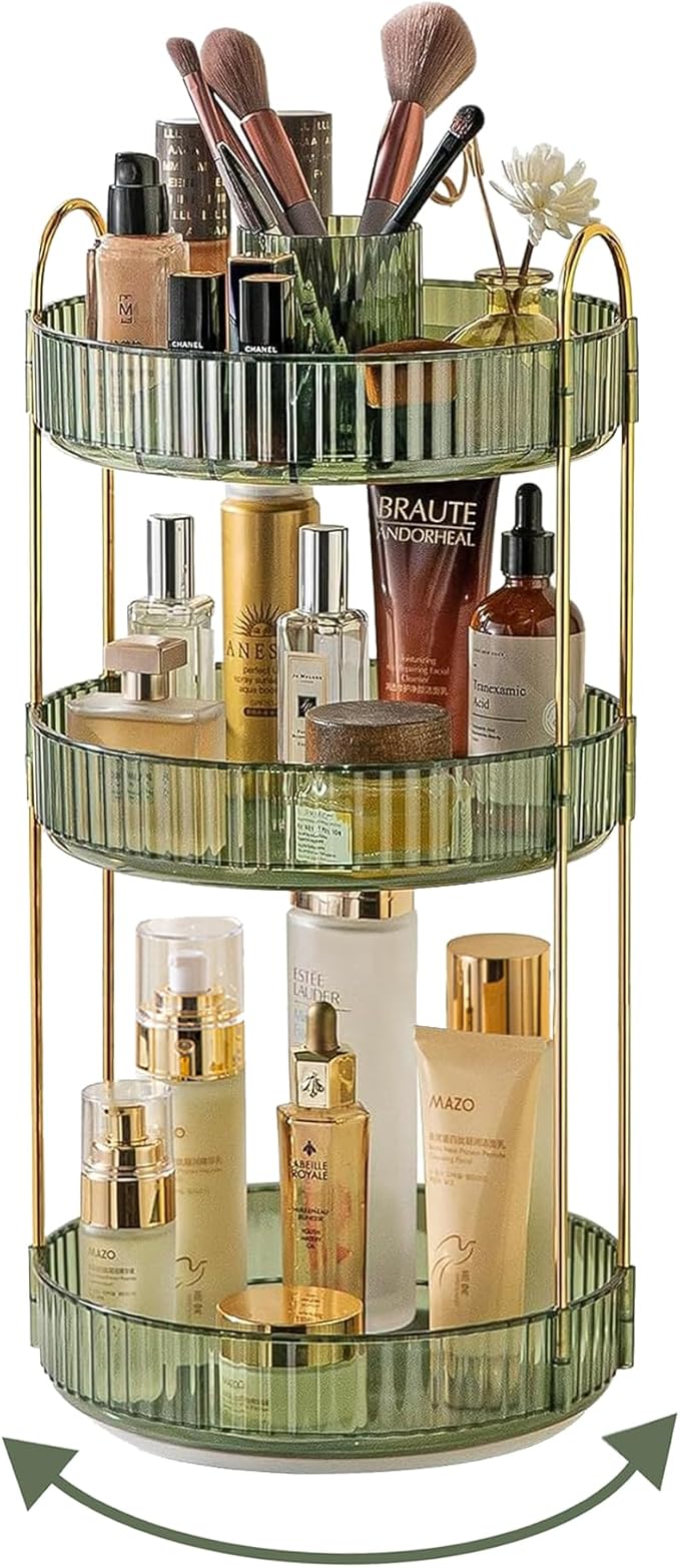 Asayuee 360 Rotating Makeup Organizer,3 Tier Large Capacity Make Up Organizers and Storage,Skincare Perfume Vanity Organizers,Bathroom Cosmetics Storage Organizer Countertop (Green)