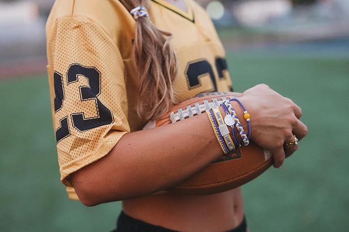 K'lani Game Day Hair Tie Bracelets – 5-Pack Stretchy No-Crease Hair Ties & Stylish Bracelets – Team Color Accessory for Hair or Wrist - Purple & Yellow, Medium