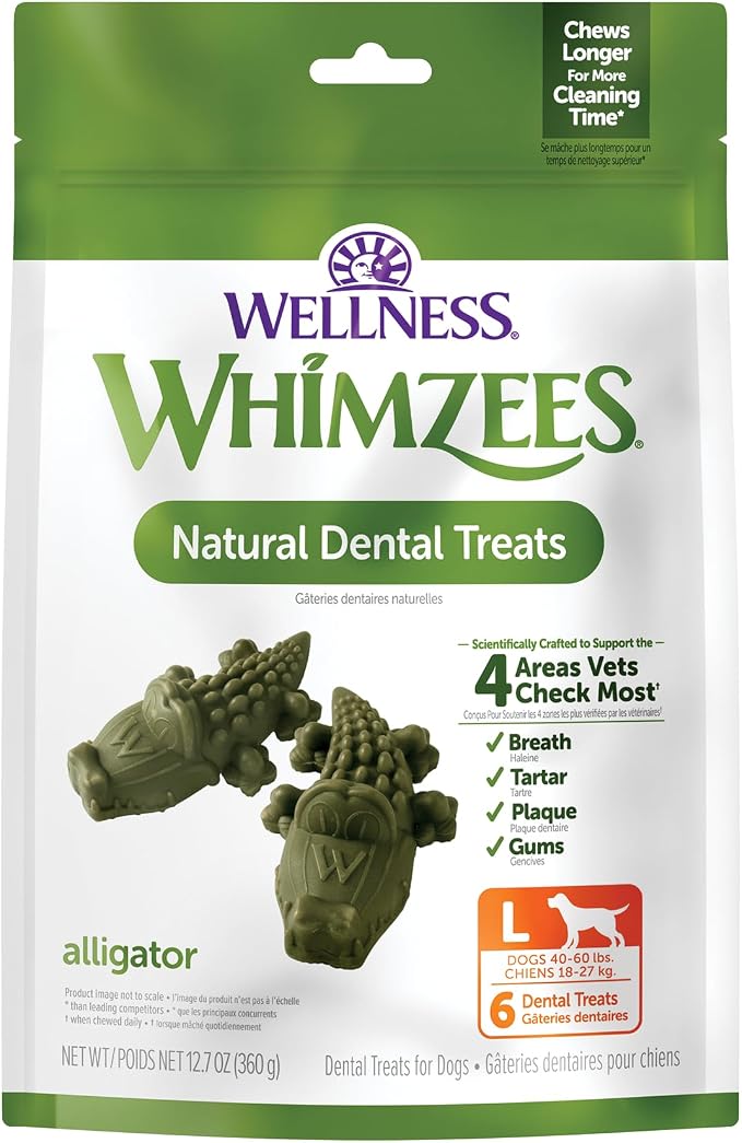 Whimzees Wellness Alligator Natural Dog Dental Treat, Chews, Freshens Breath, Large Size, 12.7 oz Bag, 6 Count