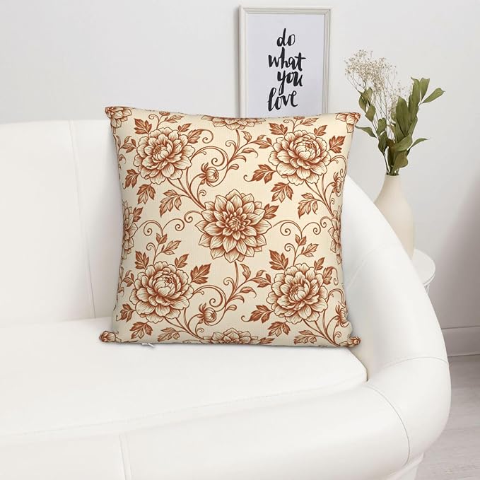Terracotta Brown Floral Toile Pillow Covers 18x18 Set of 2, Vintage Dahlia & Peony Throw Pillow Covers Outdoor Decorative Pillow Case for Couch Bed Sofa Cushion Home Decor