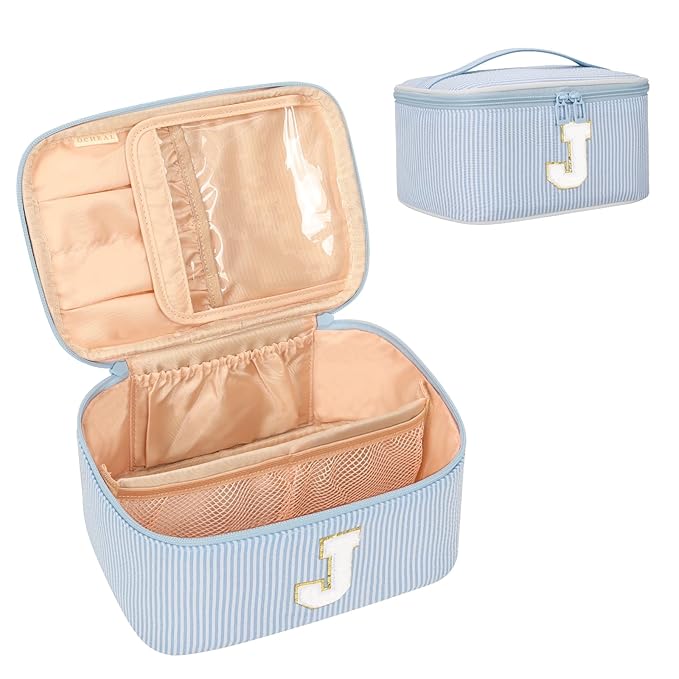 OCHEAL Makeup Bag Valentines Day Gifts for Women, Monogram Cosmetic Bag Blue Travel Makeup Case Beauty Toiletry Bag Organizer Personalized Gifts for Girls Bridesmaid, Sister, Wife, Friends Initial J