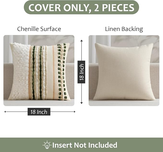 ANRODUO Boho Decorative Throw Pillow Covers Plush Green 18x18 Pack of 2 | Chenille Tufted Couch Pillow Covers, Farmhouse Pillow Covers, Accent Neutral Pillowcase, Cushion Covers for Couch Sofa Bed