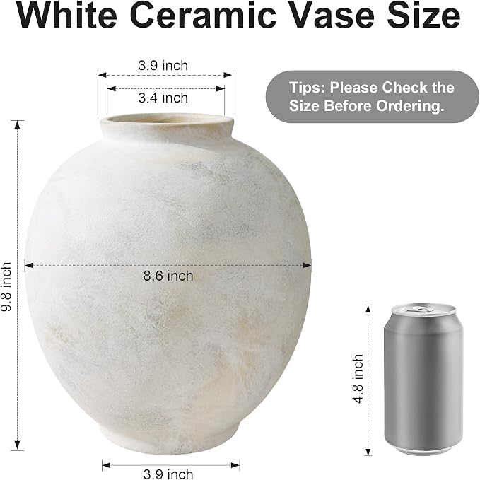 Starttag Large Ceramic Vase, 9.8 inch Rustic Farmhouse Flowers Vase for Home Decor, Sandstone Texture Round Pottery Tall Vase Indoor for Table Living Room Decor, Wabi Sabi