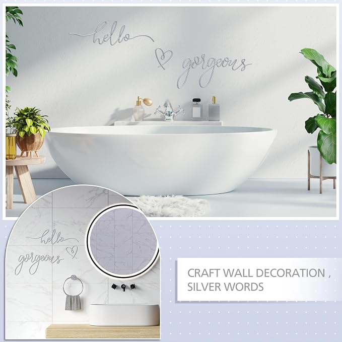 Hicarer Metal Hello Gorgeous Wall Art Minimalist Wall Decor,Silver,Classic | for Bedroom Bathroom Living Room Dressing Room Salon Vanity Office Home Decoration, Easy to Install