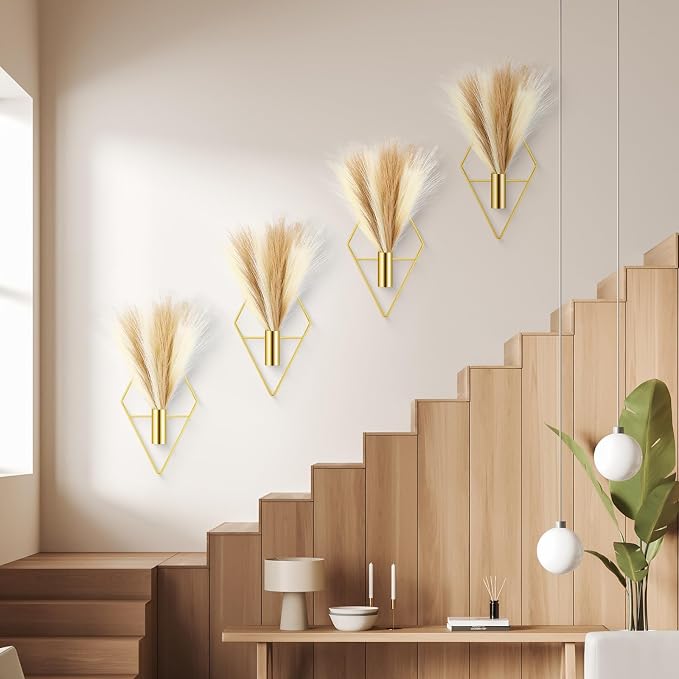 Hanaive 4 Sets Boho Wall Decor Metal Wall Art Hanging Planters with Artificial Pampas Display Modern Home Vase for Bedroom Home Office (Classic,Gold, Beige, Dark Coffee)