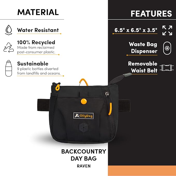 OllyDog Backcountry Day Bag | Hands-Free Dog Training Treat Pouch | Fanny/Hip Pack with Zipper Closure & Built-in Poop Bag Dispenser | Removable Waist Clip (Raven)