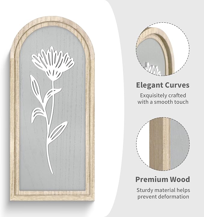 Gray Bathroom Wall Decor Set of 2, Arched 3D Wooden Floral Wall Art Panels | Raised white floral cutouts in arched frames, ready to hang; neutral boho farmhouse decor for bedroom, hallway and entryway
