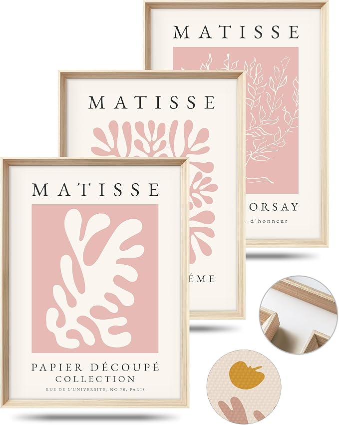 Framed Matisse Pink Wall Art Set of 3, Abstract Canvas Prints | 12x16IN High Framed Design Canvas Prints, Matisse Inspired Minimalist Wall Decor for Living Room Bedroom Bathroom