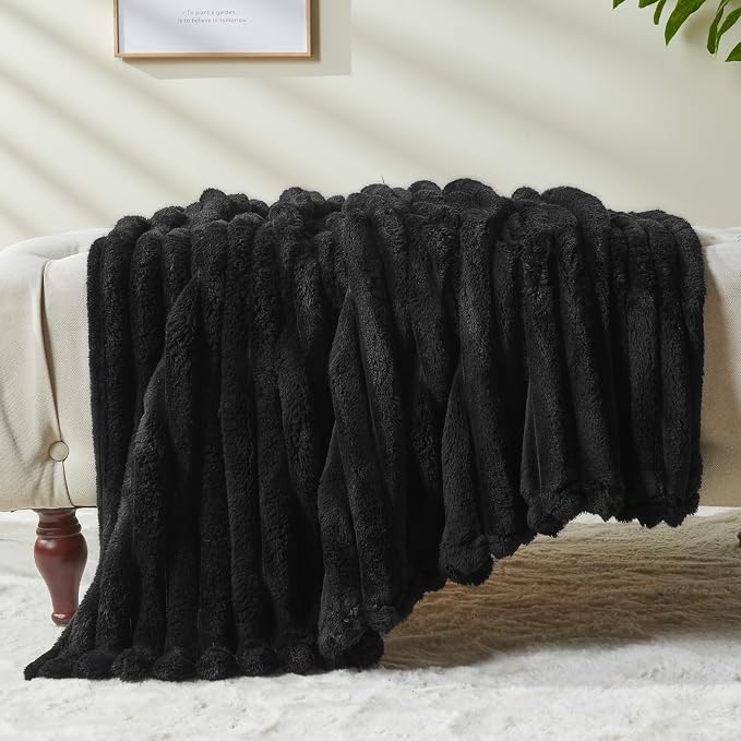 NEWCOSPLAY Fleece Ribbed Cozy Queen Blanket for Couch, Black, 90"x90" | Premium Silky Flannel Blanket, Soft Lightweight Fluffy Throw Blanket for Bed Sofa Decor, Gift for All Season Use