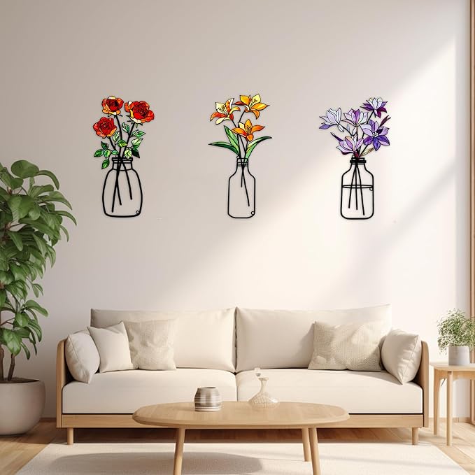 3 Pcs Metal Flowers Wall Arts,Metal Vase Wall Art,Iron Art Painting,Rustic Farmhouse Decor Minimalist Flower Wall Decor for Bedroom Bathroom Living Room Dining Room (Set E)