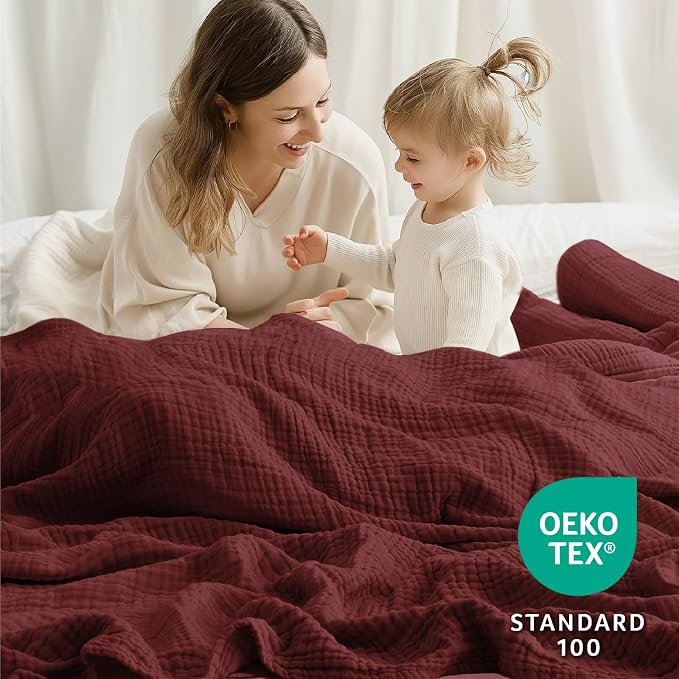 100% Cotton Muslin Blanket California King 120" x 90", 6 Layers Breathable and Lightweight Oversized Blankets for Bed, Soft Cooling Gauze Blanket for Adults All Season, Burgundy