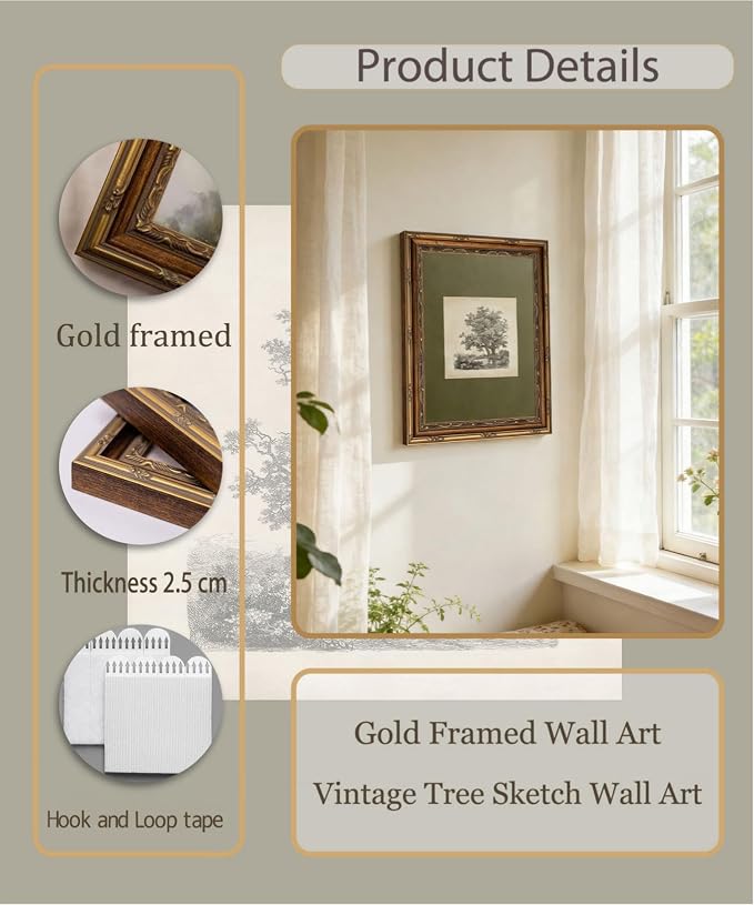 Gold Framed Wall Art Vintage Tree Sketch Wall Art Antique Oak Tree Forest Etching Wall Decor Picture Rustic Farmhouse Botanical Landscape Poster Print Gallery Artwork for Living Room Bedroom 9x11in