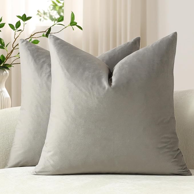 Euro Sham Covers 26x26 Light-Grey: Pack of 2 Cozy Soft Velvet Square Modern Luxury Decorative Throw Pillow Cases for Sofa Couch Living Room Bed Home Decor