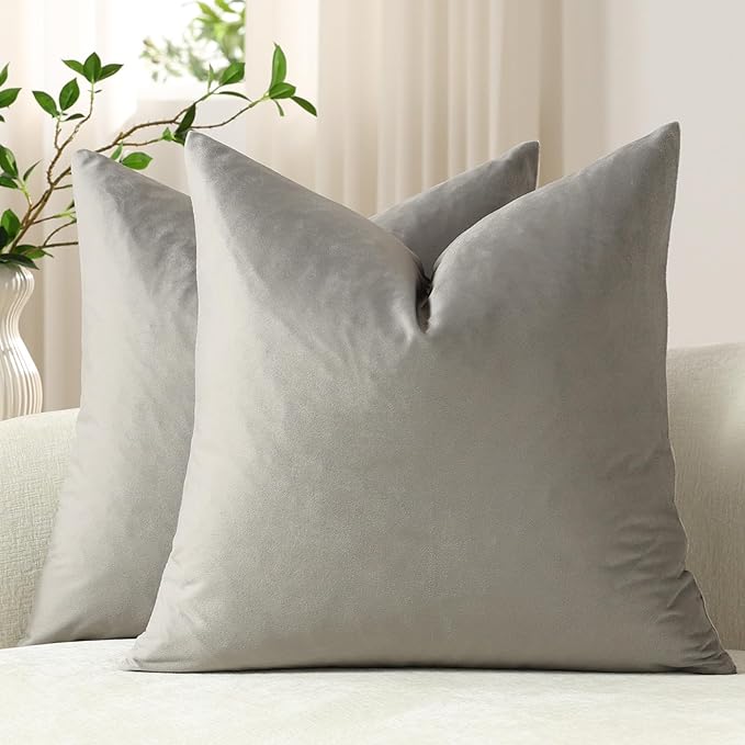 Throw Pillow Covers 20x20 Light-Grey: Pack of 2 Cozy Soft Velvet Square Modern Luxury Decorative Throw Pillow Cases for Sofa Couch Living Room Bed Home Decor
