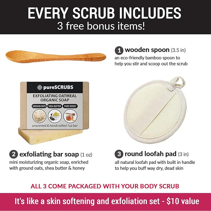 pureSCRUBS Premium Unscented Body Scrub Set - Large 16oz Dead Sea Salt Body Scrub With Infused Essential Oils & Nutrients, Includes Wooden Spoon, Loofah & Oatmeal Exfoliating Bar Soap
