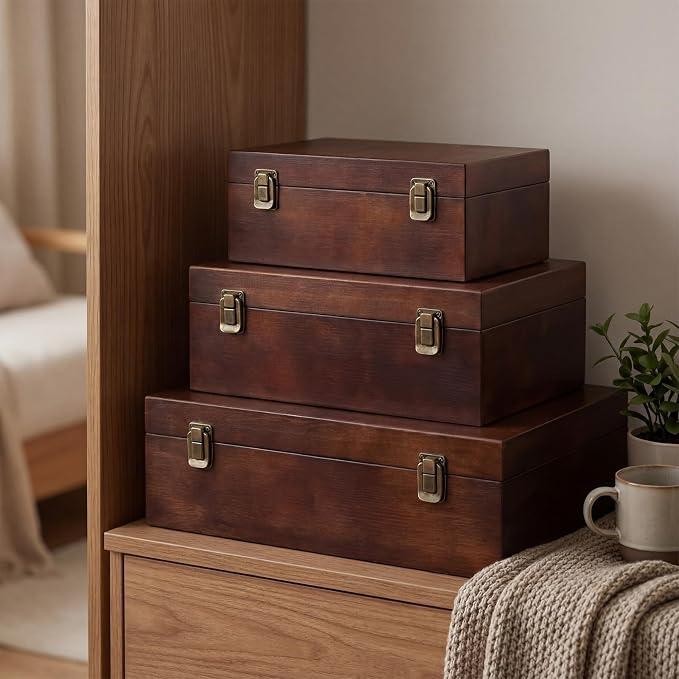 Sliner 3 Pcs Wooden Decorative Storage Boxes with Lids Vintage Wood Organizer Bins for Your Bookshelf Home Decor Safely Store Photos Documents Memory Jewelry Craft Storage (Dark Brown,S M L Size)