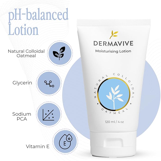 Dermavive Oatmeal Moisturizing Lotion for Dry, Sensitive Skin – Colloidal Oatmeal pH-Balanced Hydrating Face & Body Moisturizer – For Kids, Teens & Adults, 120ml (4.05 fl oz)