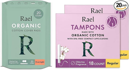 Rael Organic Cotton Cover Overnight Pads (20 Count) & Compact BPA-Free Plastic Applicator Tampons (Regular, 26 Count) Bundle