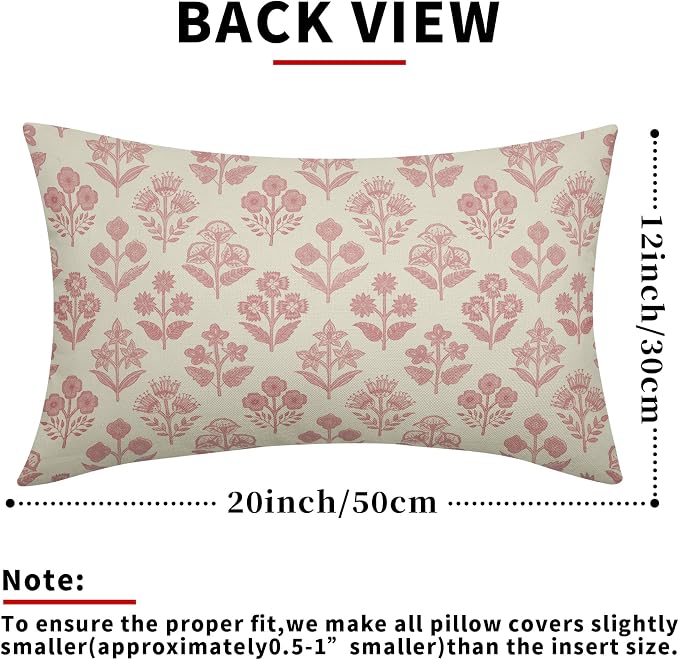 Pink Floral Pillow Covers 12x20 Inch Set of 2, Block Print Lumbar Flower Cream Decorative Throw Pillowcases Outdoor Farmhouse Rectangle Cushion Covers Spring Summer Sofa Couch Bed Decor