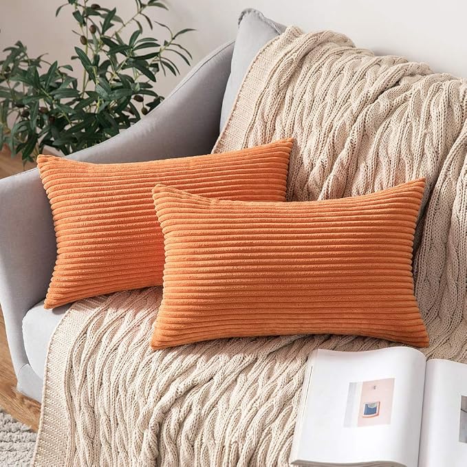 MIULEE Fall Lumbar Corduroy Throw Pillow Covers Set of 2 12x20 Orange | Decorative Striped Textured Cushion Cases, Boho Energetic Vibe Pillowcases, Home Decor for Couch Chair Sofa Bed Living Room