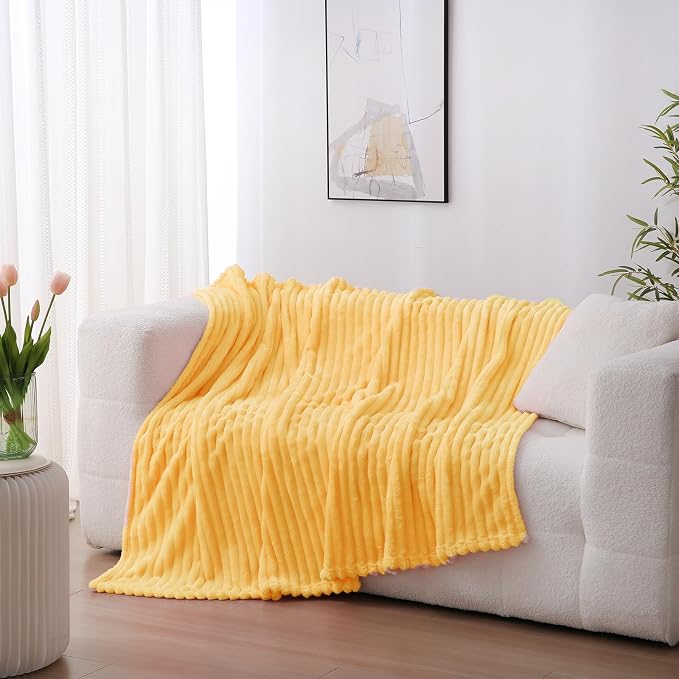 Light Yellow Fleece Throw Blanket 60”×80” for Couch Sofa Livingroom | Linecooo Super Soft Cozy Plush Microfiber Flannel Bed Blanket Striped Design Lightweight Home Decor Gifts for Adult Mom Women