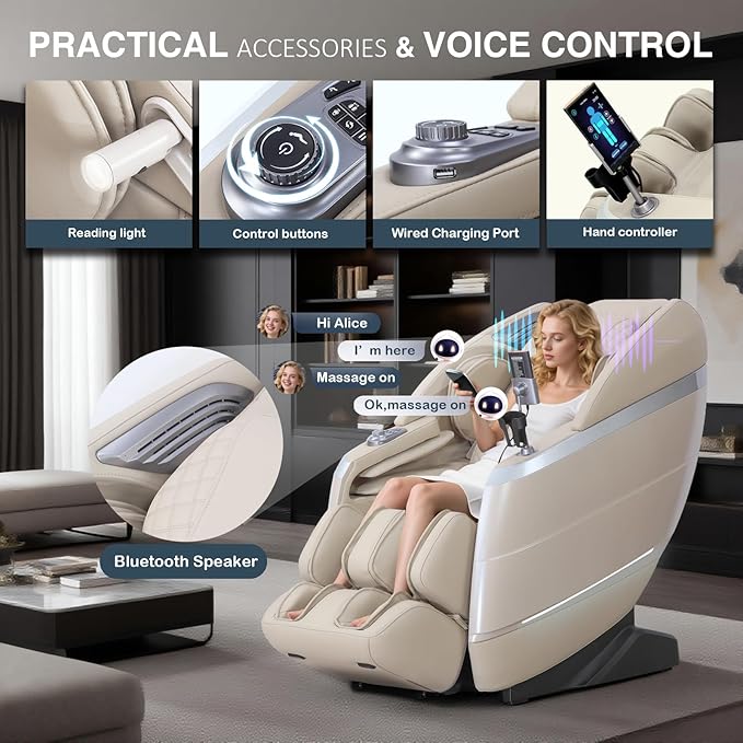4D Zero Gravity Massage Chair with Deep Tissue Knead & Body Scan - 55" SL-Track Full Body Shiatsu Massage Recliner with Heating, 36 Airbags & Voice Control - 18 Auto Modes & 11 Techniques (Beige)