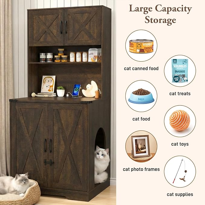 71Inches Tall Cat Litter Box Enclosure for Cats W/Power Outlets,Open Shelves.Wooden Pet Washroom Furniture W/Lock,Cabinet.White Indoor Cats House,Hidden Cat Litter Box for Living Room,Bedroom(Brown-2)