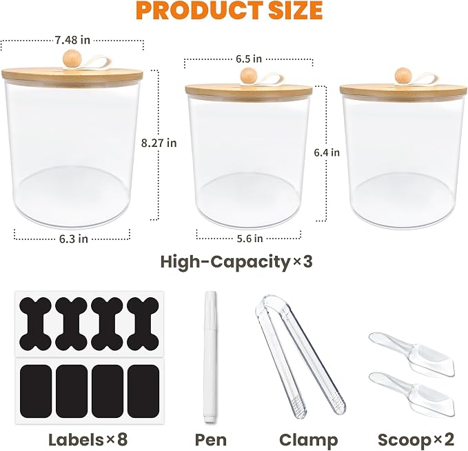 HOYTAMDAR 3 Pack Airtight Dog Treat Containers Bamboo Lids, Dog Treat Jars