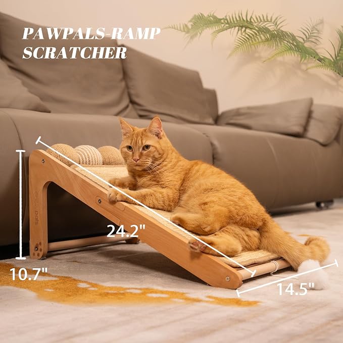 Sisal Cat Scratcher Ramp with Balls L-Shape Wooden(Upgraded) | 120° Dual-Use Cat Scratching Post. Built-In Ball Toy. Natural Sisal Scratch For Indoor. Protects Furniture. Quality Beech