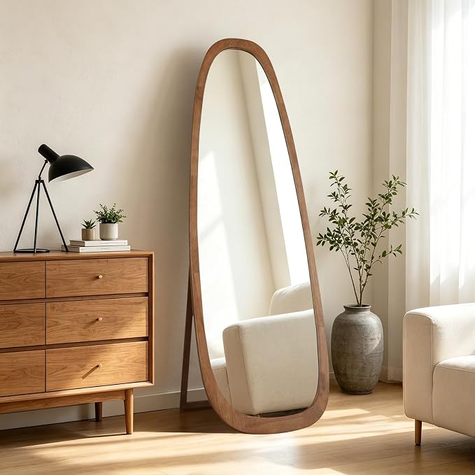 22x65 Inch Irregular Full Length Mirror with Stand, Floor Mirror with Wooden Frame,Full Body Mirror for Bedroom, Living Room, Cloakroom, Walnut