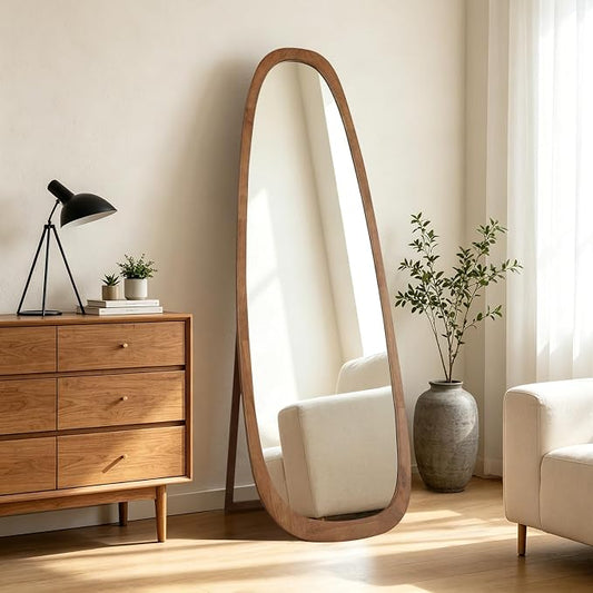 22x65 Inch Irregular Full Length Mirror with Stand, Floor Mirror with Wooden Frame,Full Body Mirror for Bedroom, Living Room, Cloakroom, Walnut