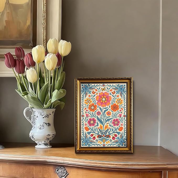Mexican Folk Gold Framed Wall Art Vintage Floral Butterfly Wall Decor Art | Colorful Botanical Pictures Canvas Art Maximalist Small Framed Prints Artwork Vanity Bedside Tables Bookshelf Gallery Wall