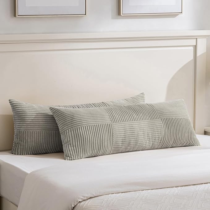 Fancy Homi Set of 2 Neutral Grey Boho Long Lumbar Body Decorative Throw Pillow Cover 14x36 Inch for Bed Couch Bedroom Bench, Soft Patchwork Corduroy Textured Pillow Case, Rustic Farmhouse Room Décor