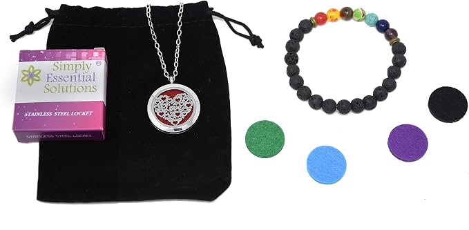 Aromatherapy Essential Oil Diffuser Stainless Steel 30MM Silver Magnetic Locket Pendant 2 Sizes Chain Necklace, Refill Pads & Diffuser Bracelet in a Velvet Bag (Loveheart)
