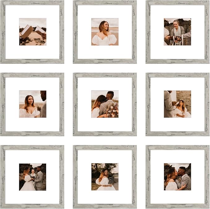 8x8 Picture Frame Set of 9, Display Pictures 4x4 with Mat or 8x8 without Mat, Multi Collage Gallery Square Photo Frames for Wall or Tabletop, Distressed Gray