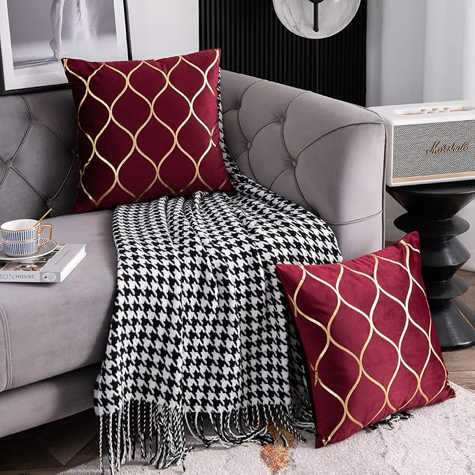 Gold Velvet Throw Pillow Covers: 2 Pack 24x24 Inch Square Decorative Pillow Cases for Bedroom Sofa Couch Living Room, Christmas Burgundy Red